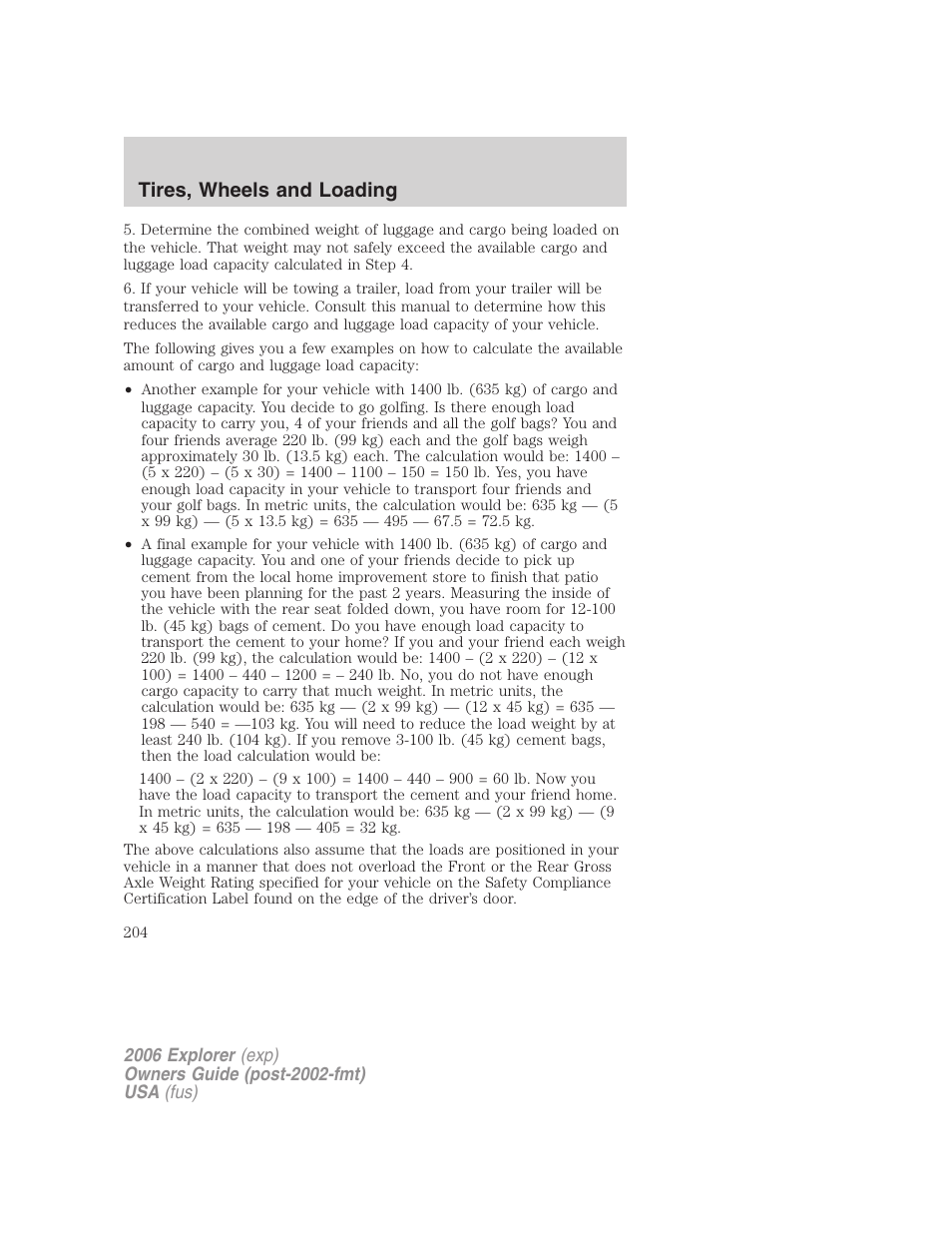 Tires, wheels and loading | FORD 2006 Explorer v.2 User Manual | Page 204 / 336