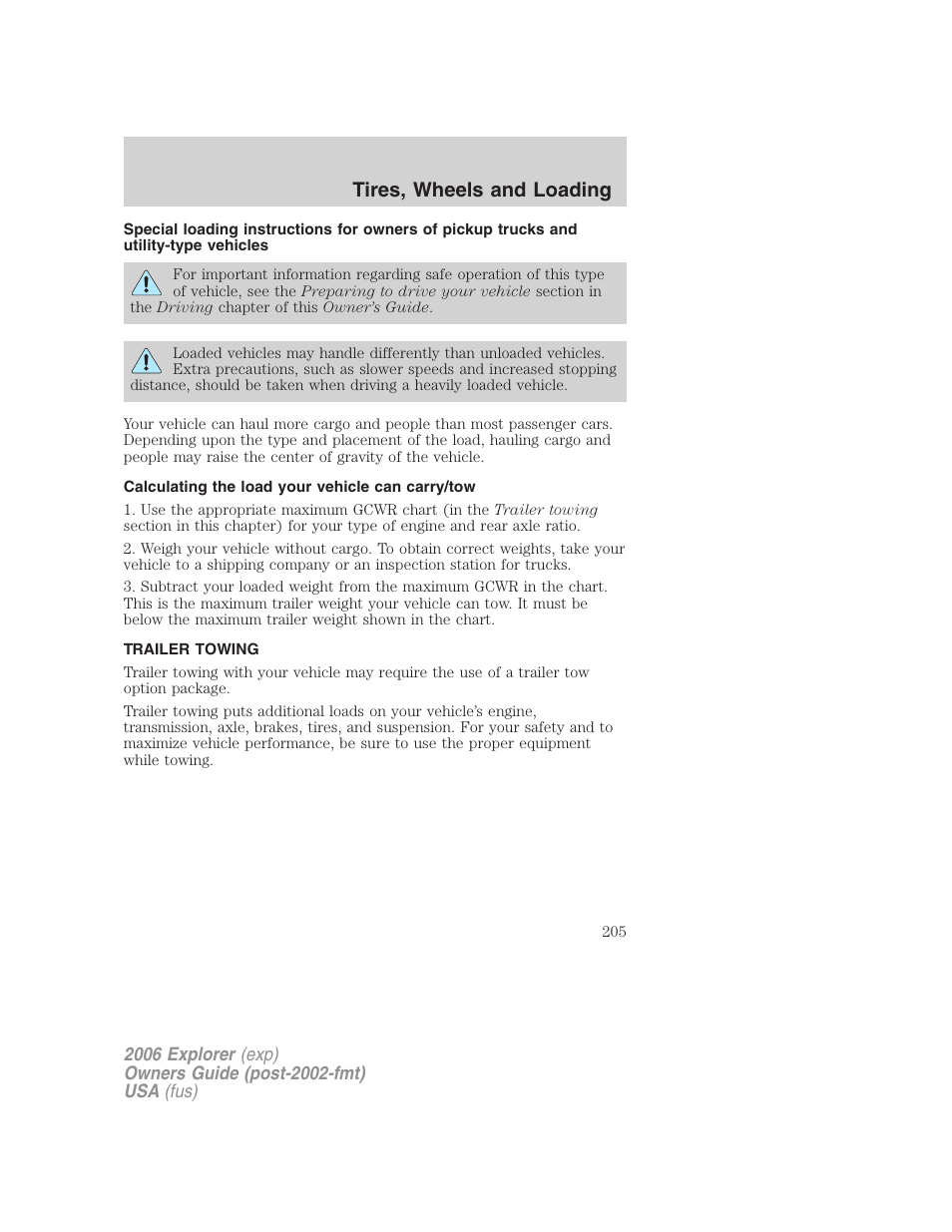 Calculating the load your vehicle can carry/tow, Trailer towing, Tires, wheels and loading | FORD 2006 Explorer v.2 User Manual | Page 205 / 336