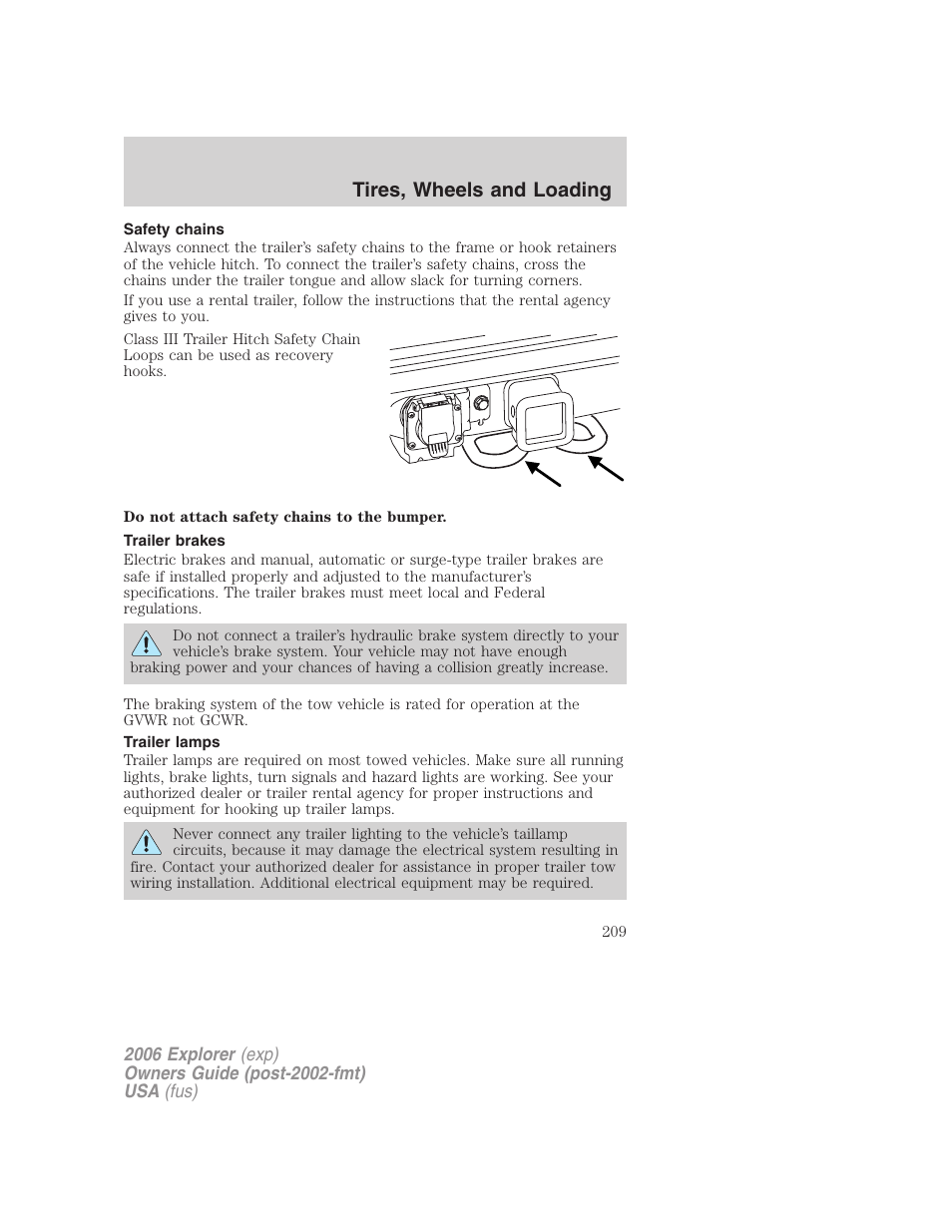 Safety chains, Trailer brakes, Trailer lamps | Tires, wheels and loading | FORD 2006 Explorer v.2 User Manual | Page 209 / 336