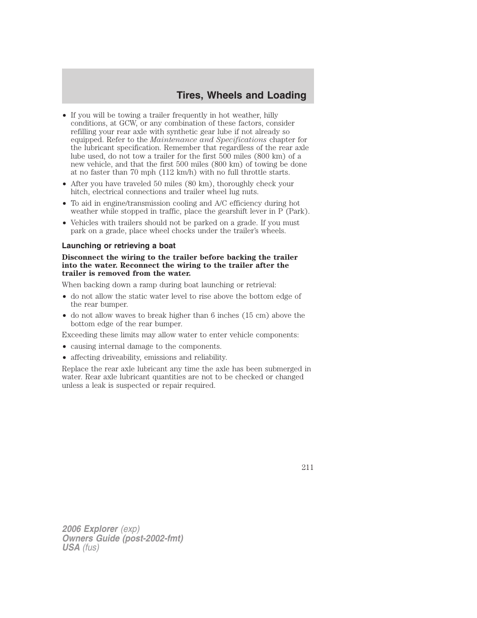 Launching or retrieving a boat, Tires, wheels and loading | FORD 2006 Explorer v.2 User Manual | Page 211 / 336