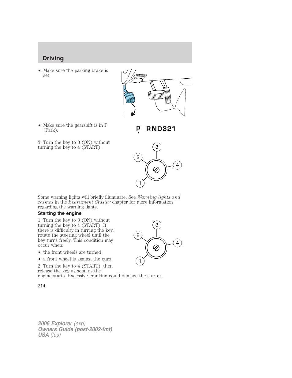 Starting the engine, Driving | FORD 2006 Explorer v.2 User Manual | Page 214 / 336