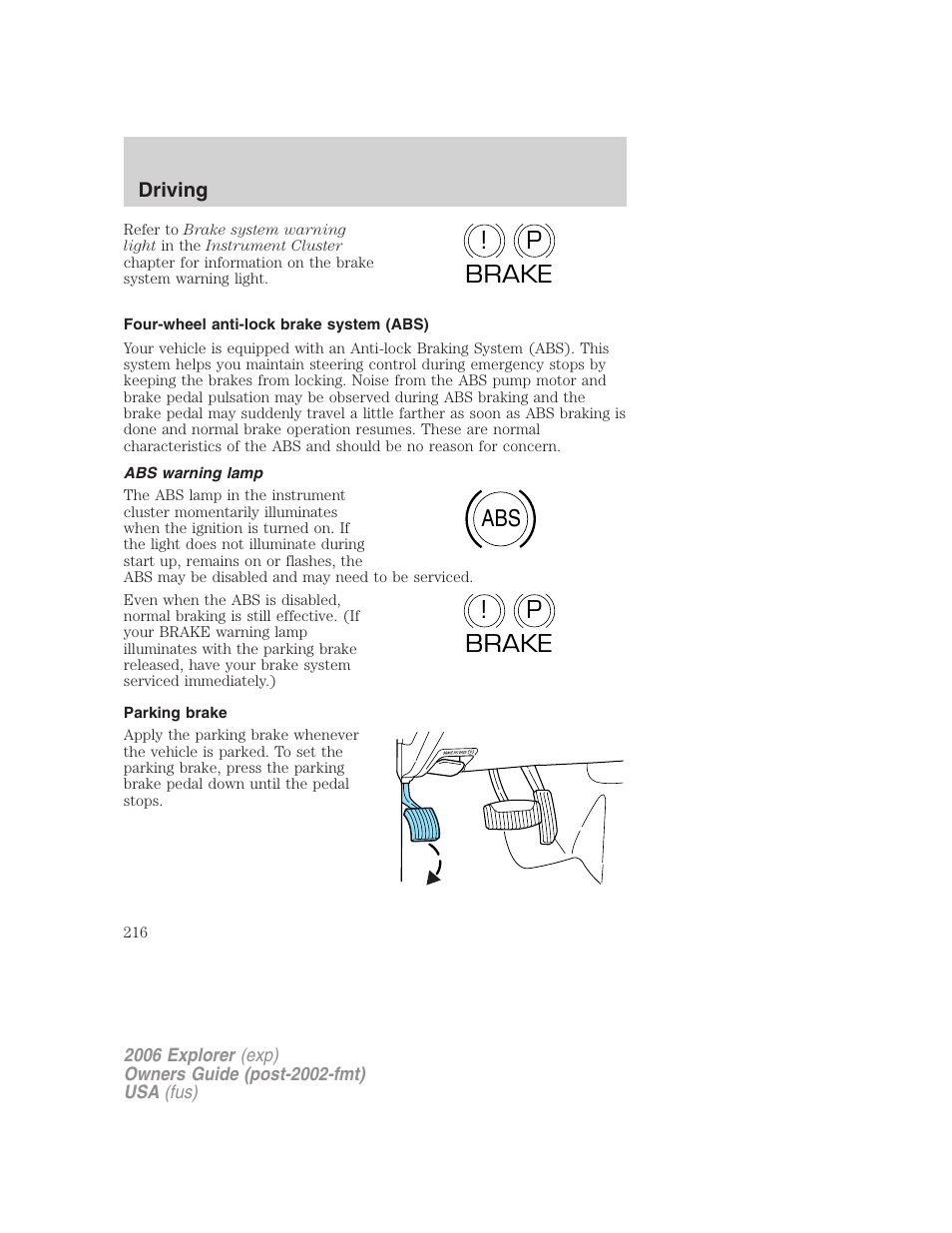 Four-wheel anti-lock brake system (abs), Abs warning lamp, Parking brake | P! brake abs p ! brake | FORD 2006 Explorer v.2 User Manual | Page 216 / 336