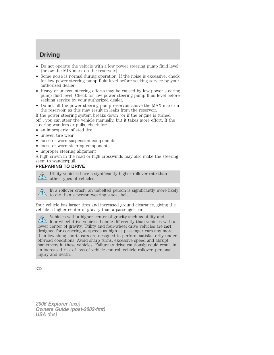 Preparing to drive, Driving | FORD 2006 Explorer v.2 User Manual | Page 222 / 336