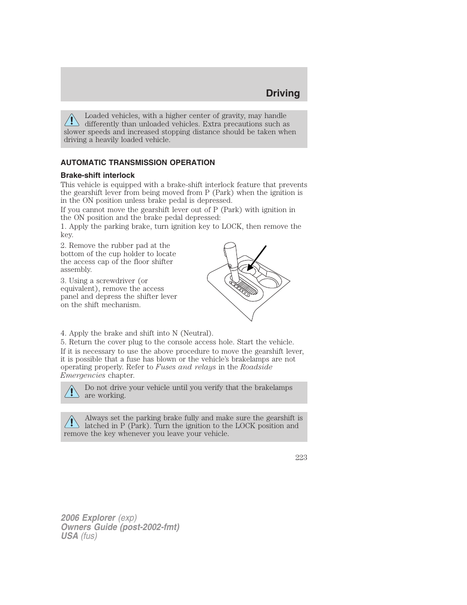 Automatic transmission operation, Brake-shift interlock, Transmission operation | Driving | FORD 2006 Explorer v.2 User Manual | Page 223 / 336