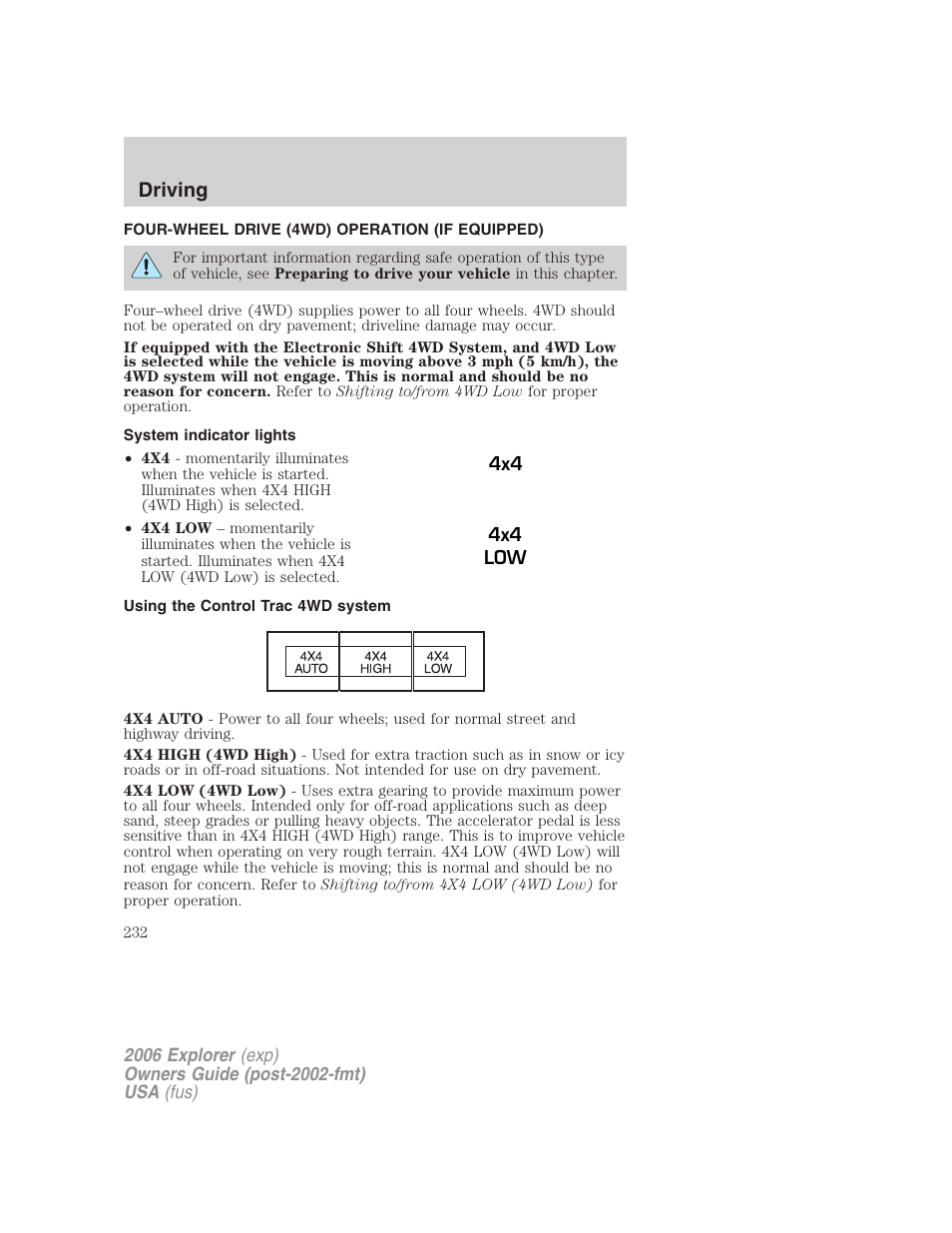 Four-wheel drive (4wd) operation (if equipped), System indicator lights, Using the control trac 4wd system | Driving | FORD 2006 Explorer v.2 User Manual | Page 232 / 336