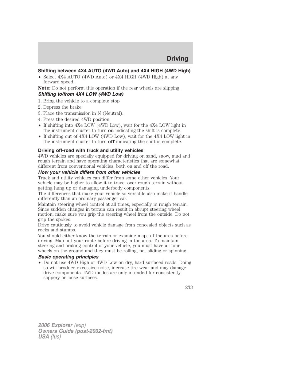 Shifting to/from 4x4 low (4wd low), Driving off-road with truck and utility vehicles, How your vehicle differs from other vehicles | Basic operating principles, Driving | FORD 2006 Explorer v.2 User Manual | Page 233 / 336