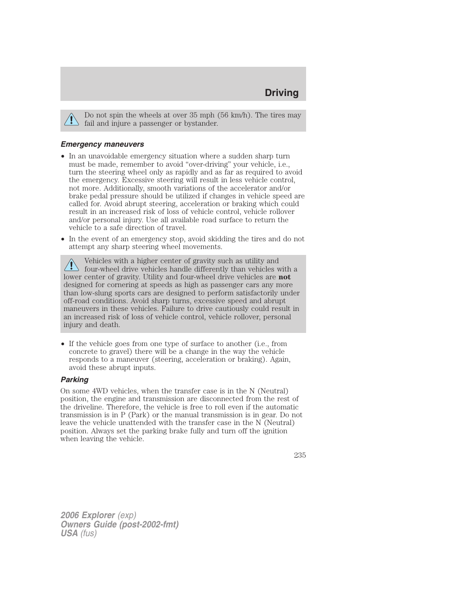 Emergency maneuvers, Parking, Driving | FORD 2006 Explorer v.2 User Manual | Page 235 / 336