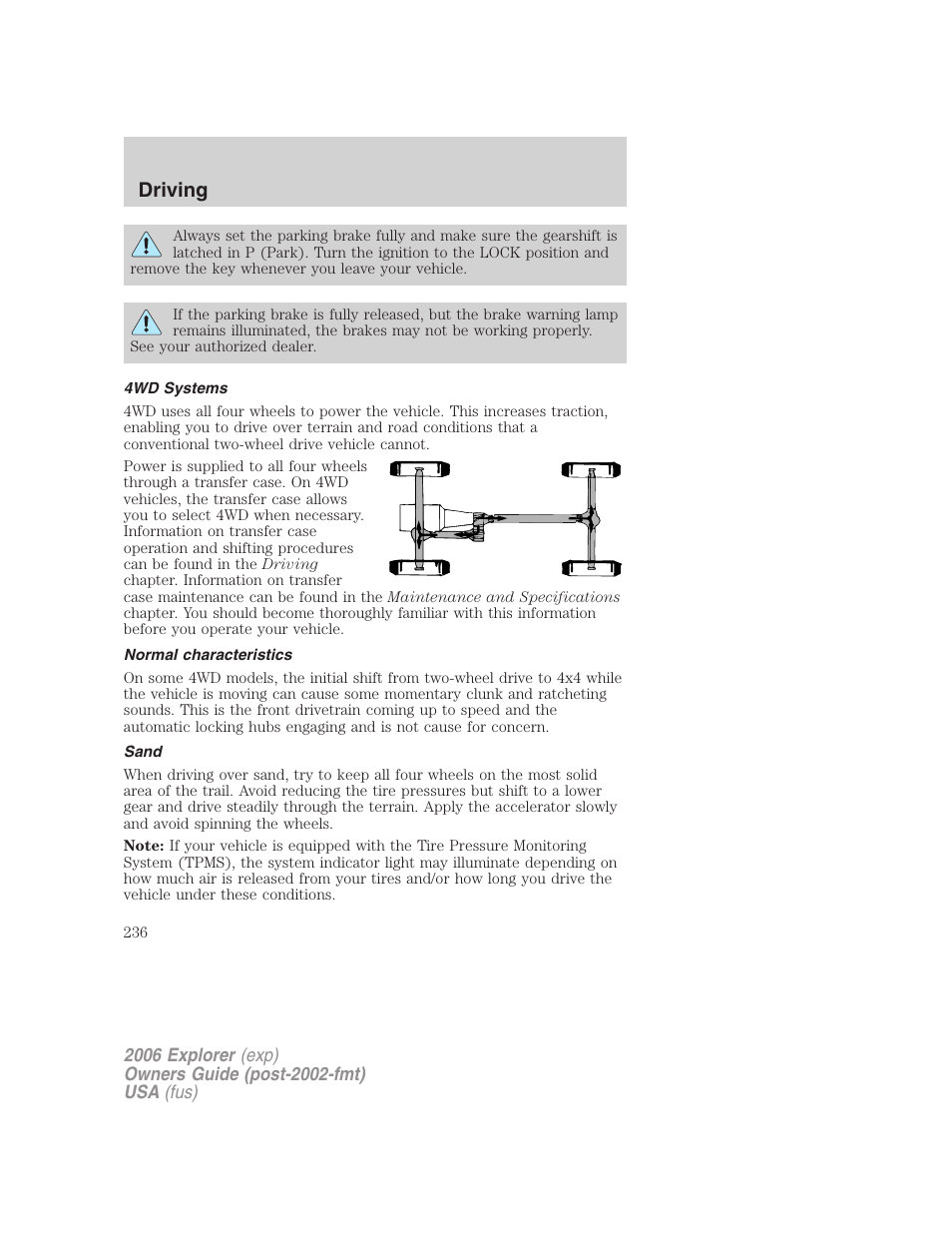 4wd systems, Normal characteristics, Sand | Driving | FORD 2006 Explorer v.2 User Manual | Page 236 / 336