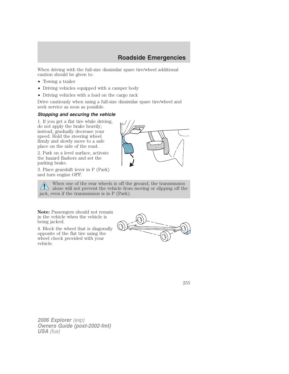 Stopping and securing the vehicle, Roadside emergencies | FORD 2006 Explorer v.2 User Manual | Page 255 / 336