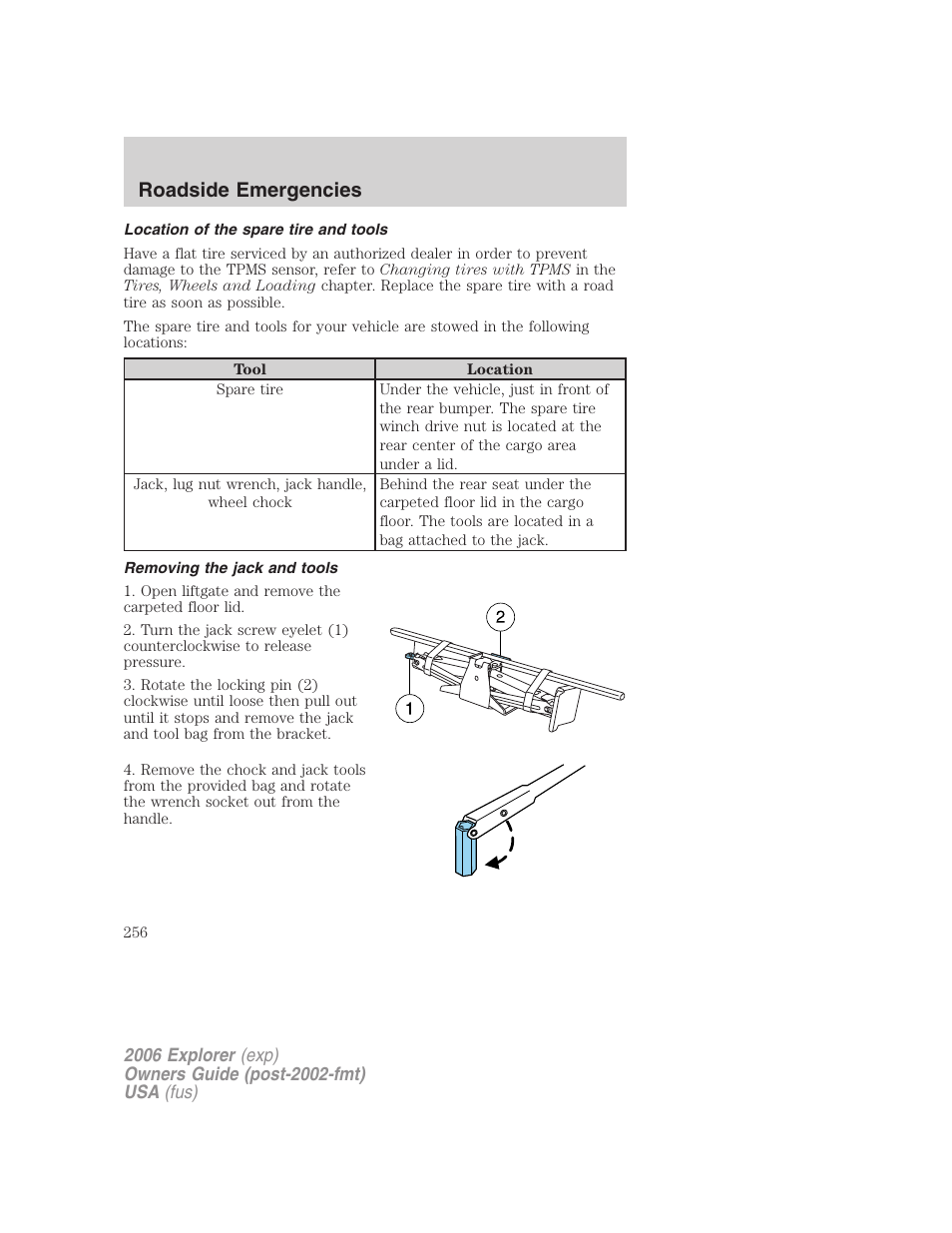 Location of the spare tire and tools, Removing the jack and tools, Roadside emergencies | FORD 2006 Explorer v.2 User Manual | Page 256 / 336