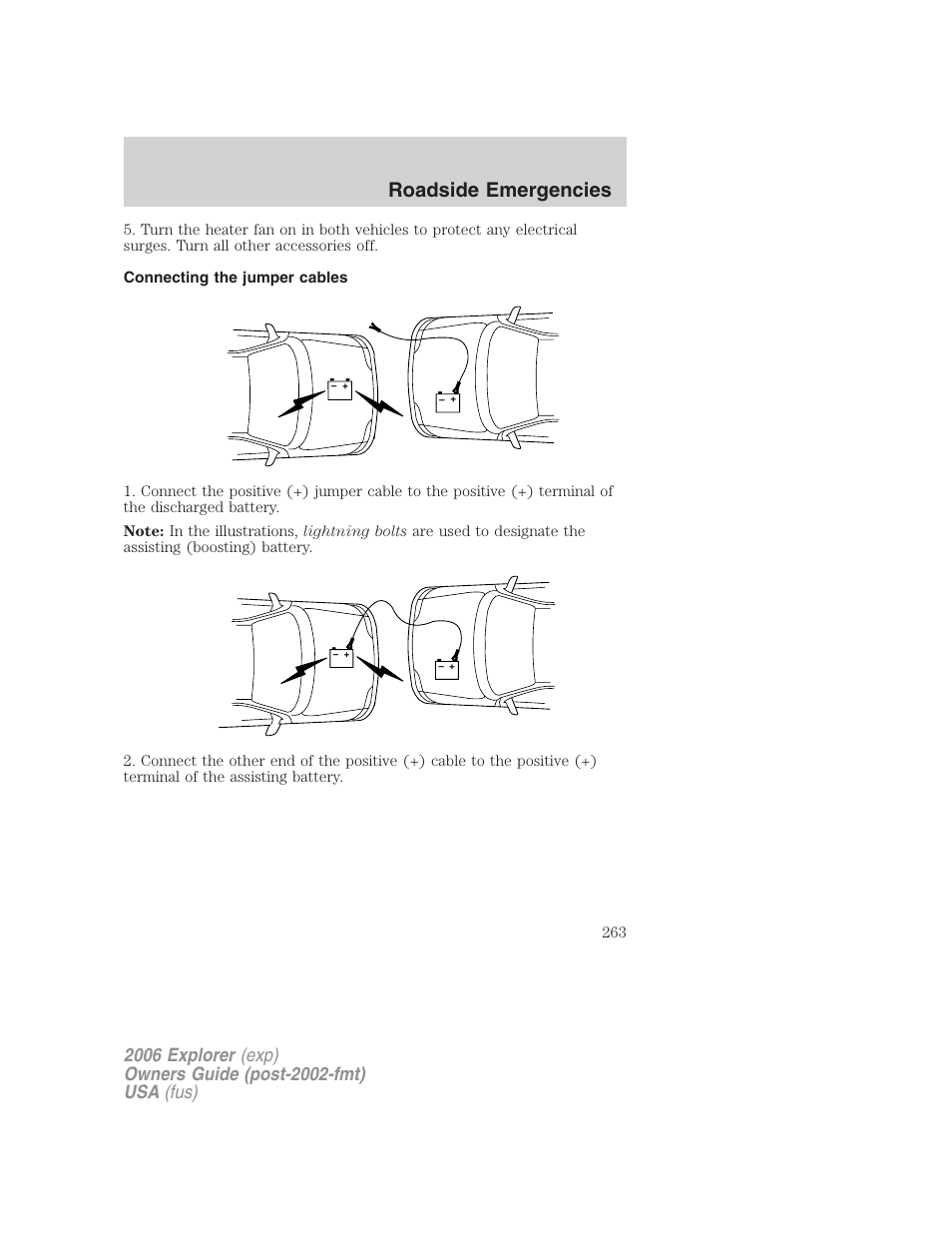 Connecting the jumper cables, Roadside emergencies | FORD 2006 Explorer v.2 User Manual | Page 263 / 336