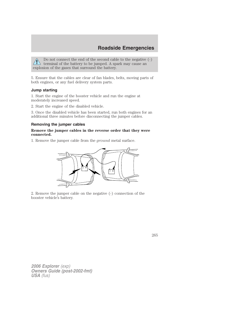 Jump starting, Removing the jumper cables, Roadside emergencies | FORD 2006 Explorer v.2 User Manual | Page 265 / 336