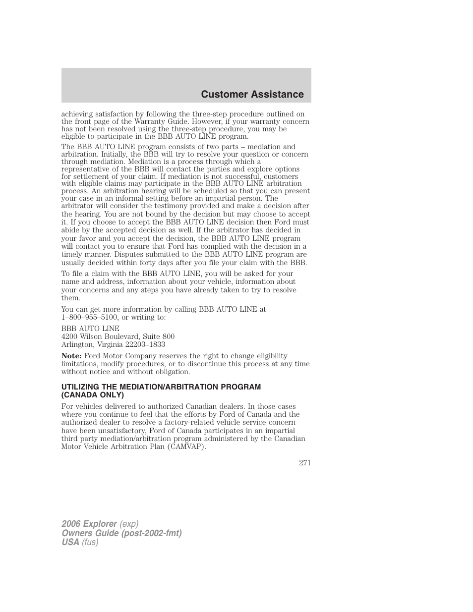 Customer assistance | FORD 2006 Explorer v.2 User Manual | Page 271 / 336