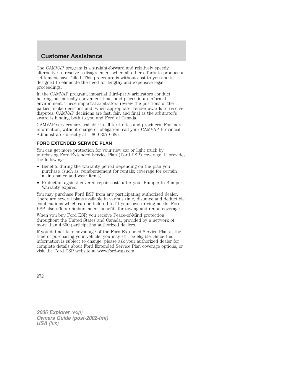 Ford extended service plan, Customer assistance | FORD 2006 Explorer v.2 User Manual | Page 272 / 336