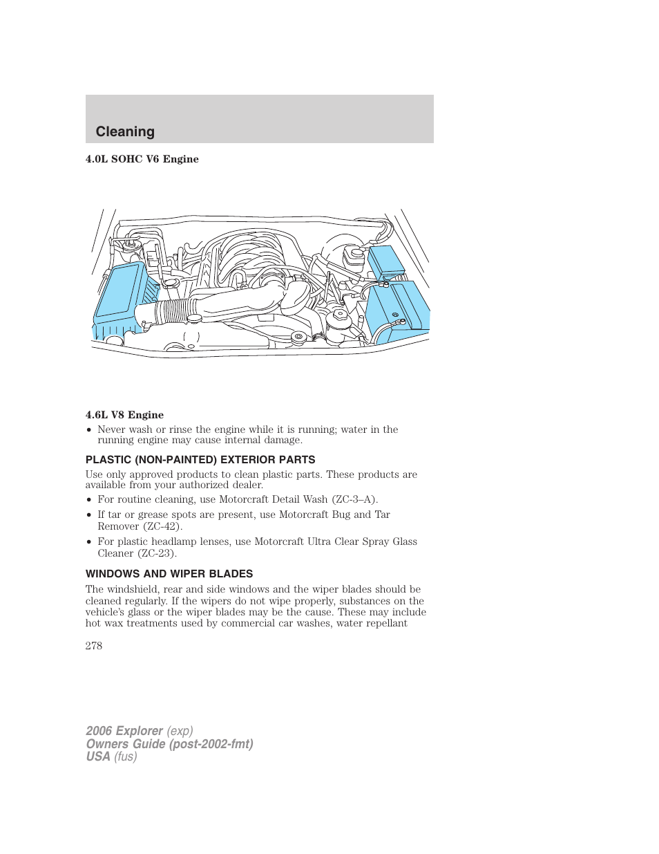 Plastic (non-painted) exterior parts, Windows and wiper blades, Cleaning | FORD 2006 Explorer v.2 User Manual | Page 278 / 336