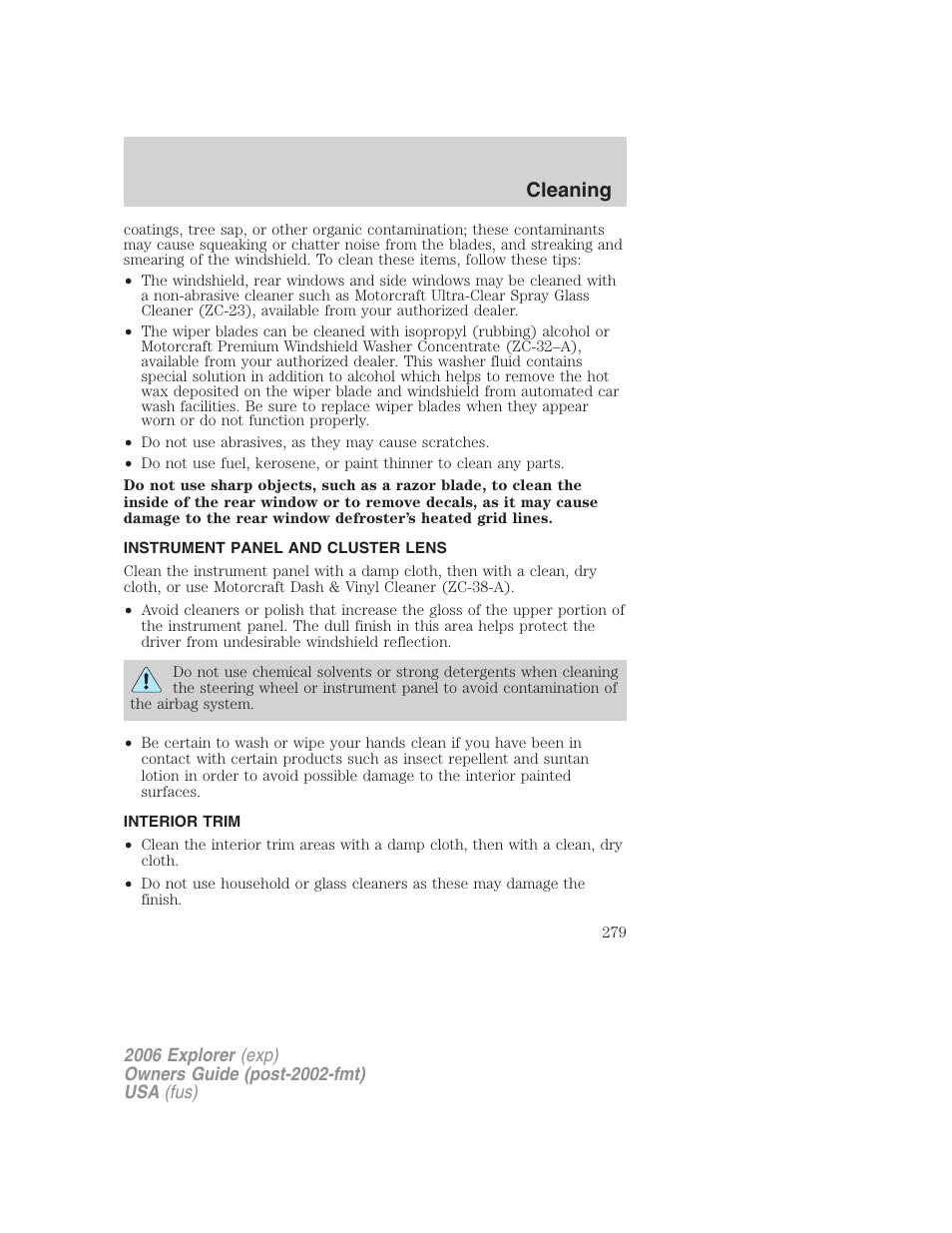 Instrument panel and cluster lens, Interior trim, Cleaning | FORD 2006 Explorer v.2 User Manual | Page 279 / 336