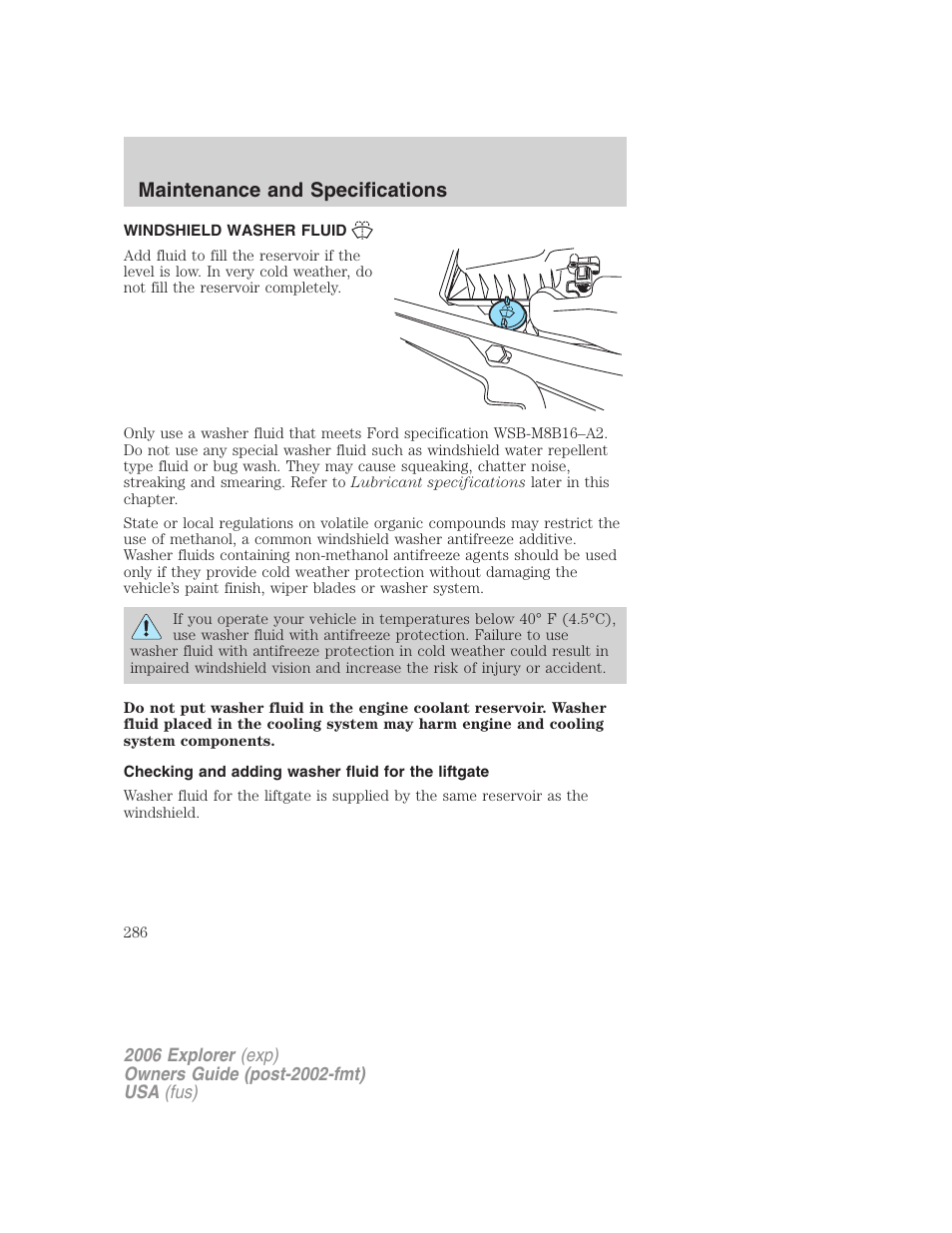 Windshield washer fluid, Checking and adding washer fluid for the liftgate, Maintenance and specifications | FORD 2006 Explorer v.2 User Manual | Page 286 / 336
