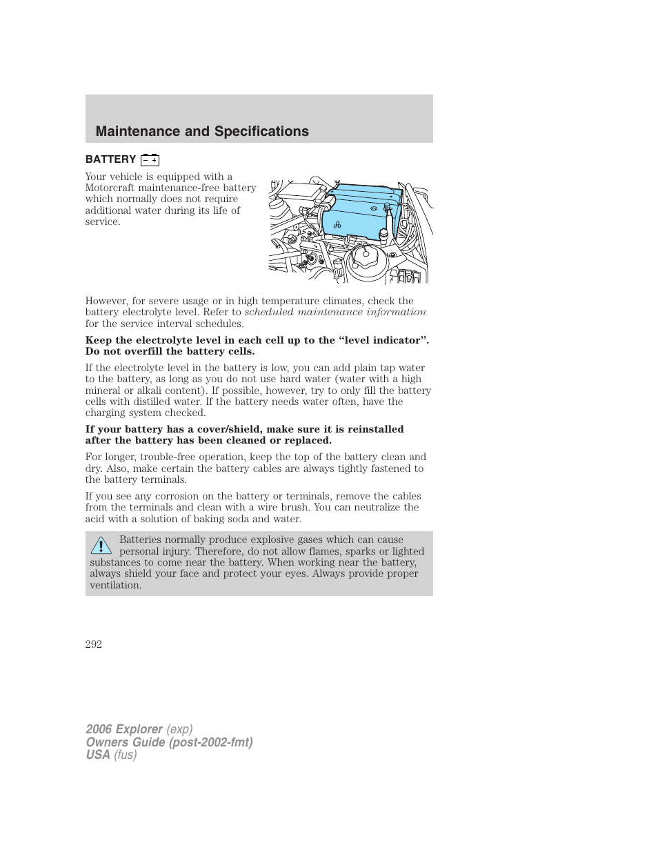 Battery, Maintenance and specifications | FORD 2006 Explorer v.2 User Manual | Page 292 / 336