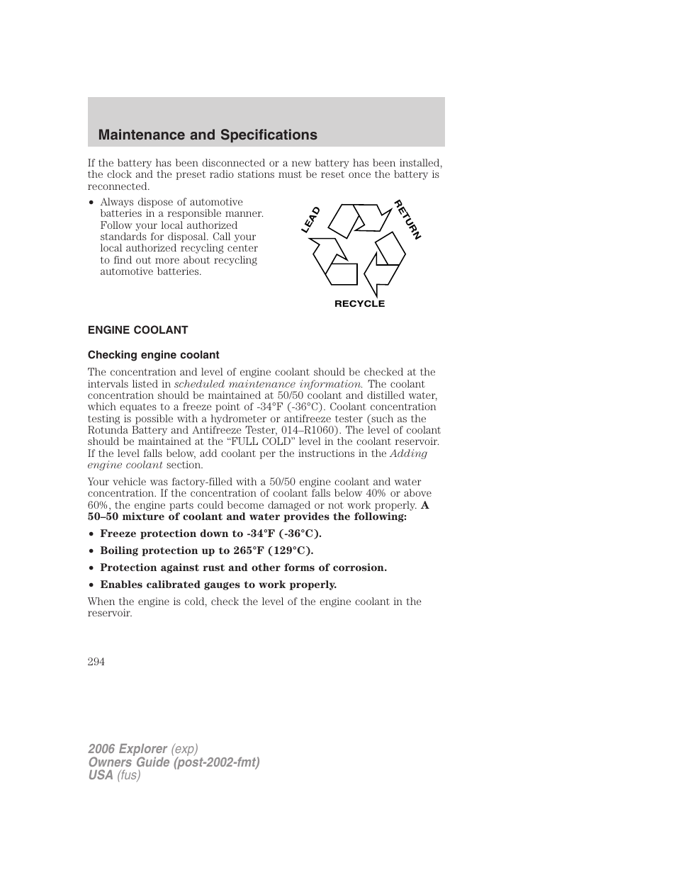 Engine coolant, Checking engine coolant, Maintenance and specifications | FORD 2006 Explorer v.2 User Manual | Page 294 / 336