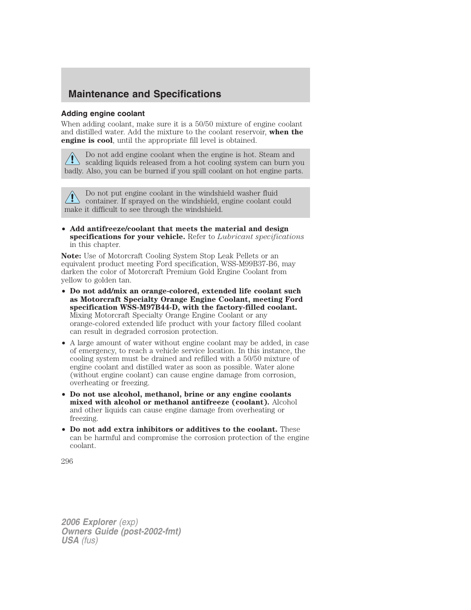 Adding engine coolant, Maintenance and specifications | FORD 2006 Explorer v.2 User Manual | Page 296 / 336