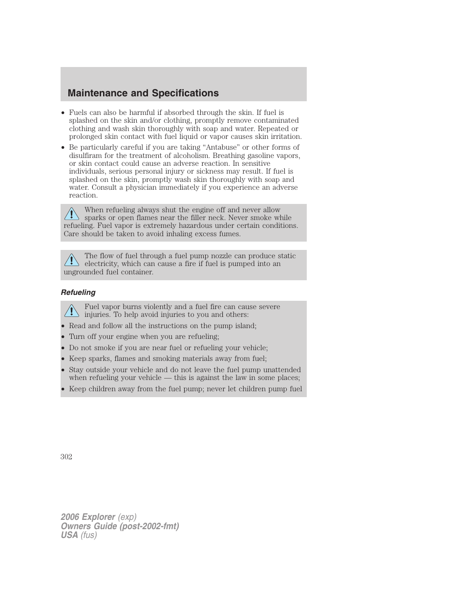 Refueling, Maintenance and specifications | FORD 2006 Explorer v.2 User Manual | Page 302 / 336