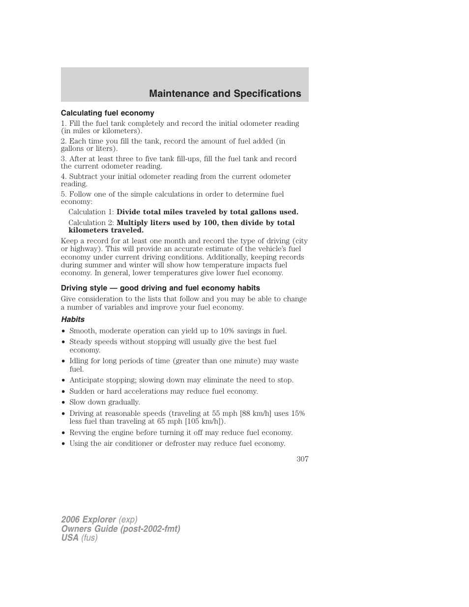 Calculating fuel economy, Habits, Maintenance and specifications | FORD 2006 Explorer v.2 User Manual | Page 307 / 336