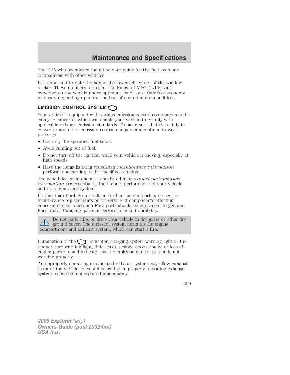 Emission control system, Maintenance and specifications | FORD 2006 Explorer v.2 User Manual | Page 309 / 336