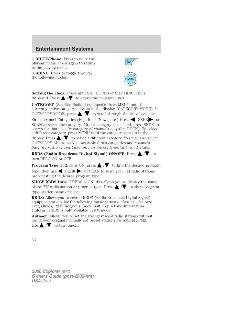 Entertainment systems | FORD 2006 Explorer v.2 User Manual | Page 32 / 336