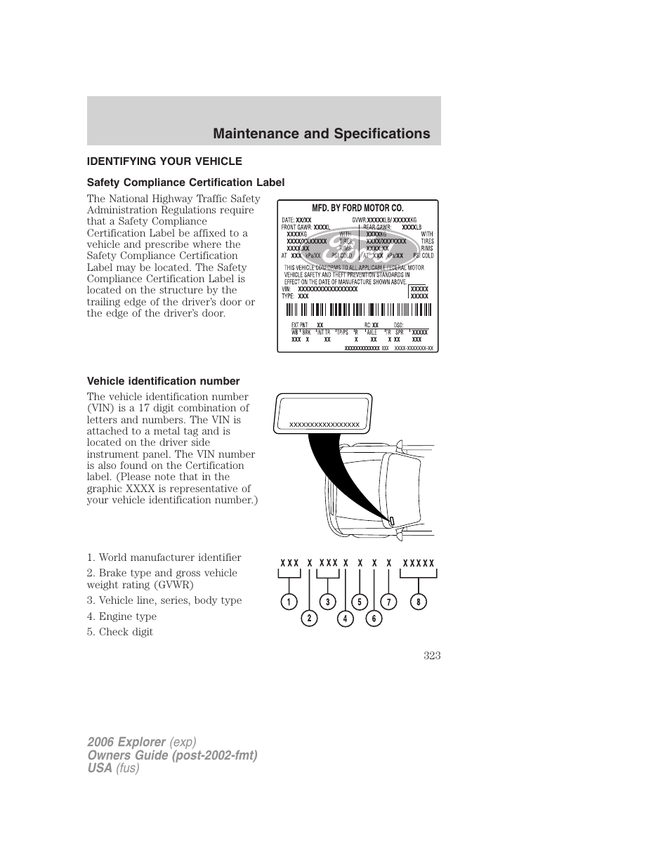 Identifying your vehicle, Safety compliance certification label, Vehicle identification number | Maintenance and specifications | FORD 2006 Explorer v.2 User Manual | Page 323 / 336