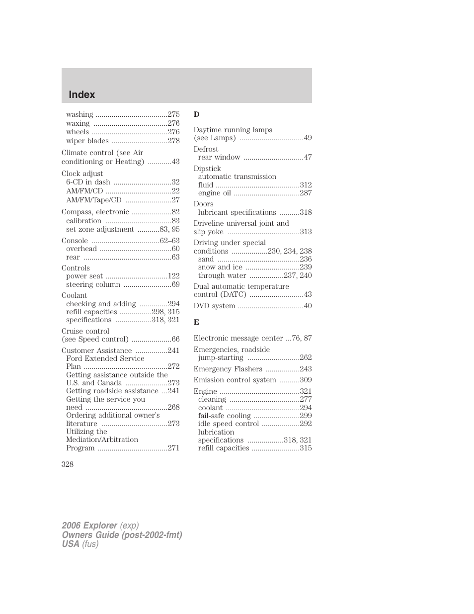 Index | FORD 2006 Explorer v.2 User Manual | Page 328 / 336