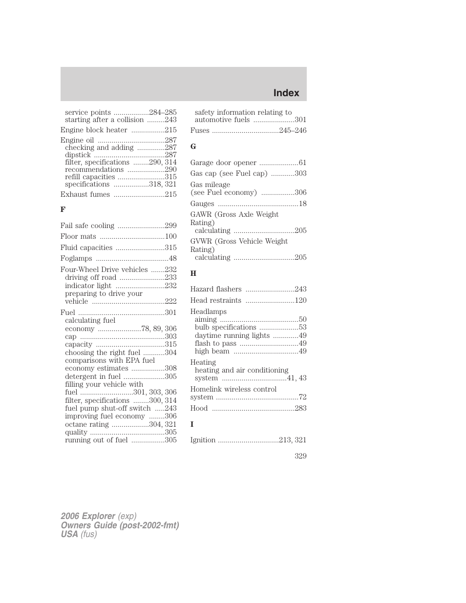 Index | FORD 2006 Explorer v.2 User Manual | Page 329 / 336