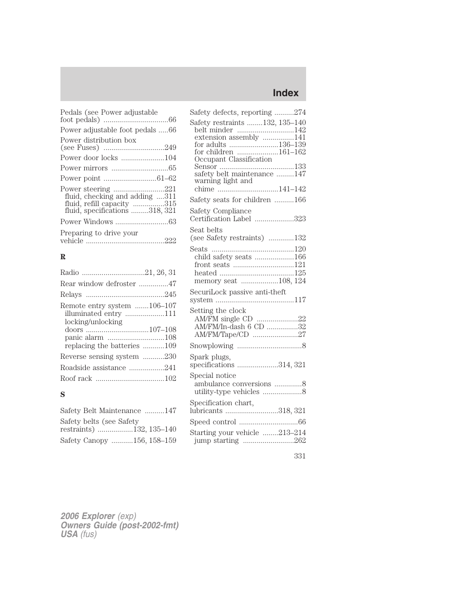 Index | FORD 2006 Explorer v.2 User Manual | Page 331 / 336