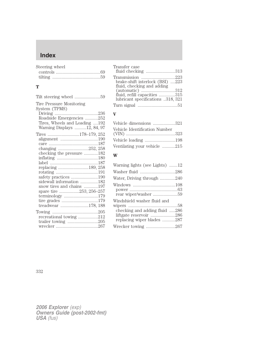 Index | FORD 2006 Explorer v.2 User Manual | Page 332 / 336