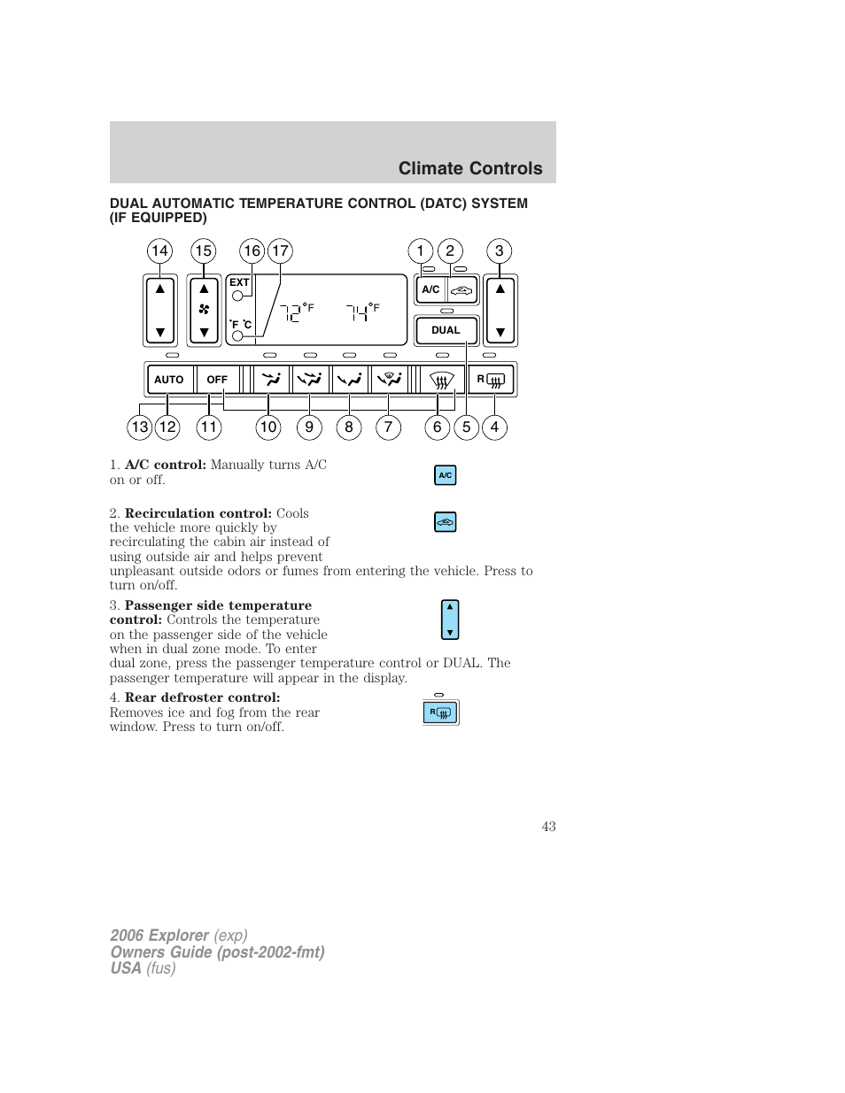 Automatic temperature control, Climate controls | FORD 2006 Explorer v.2 User Manual | Page 43 / 336