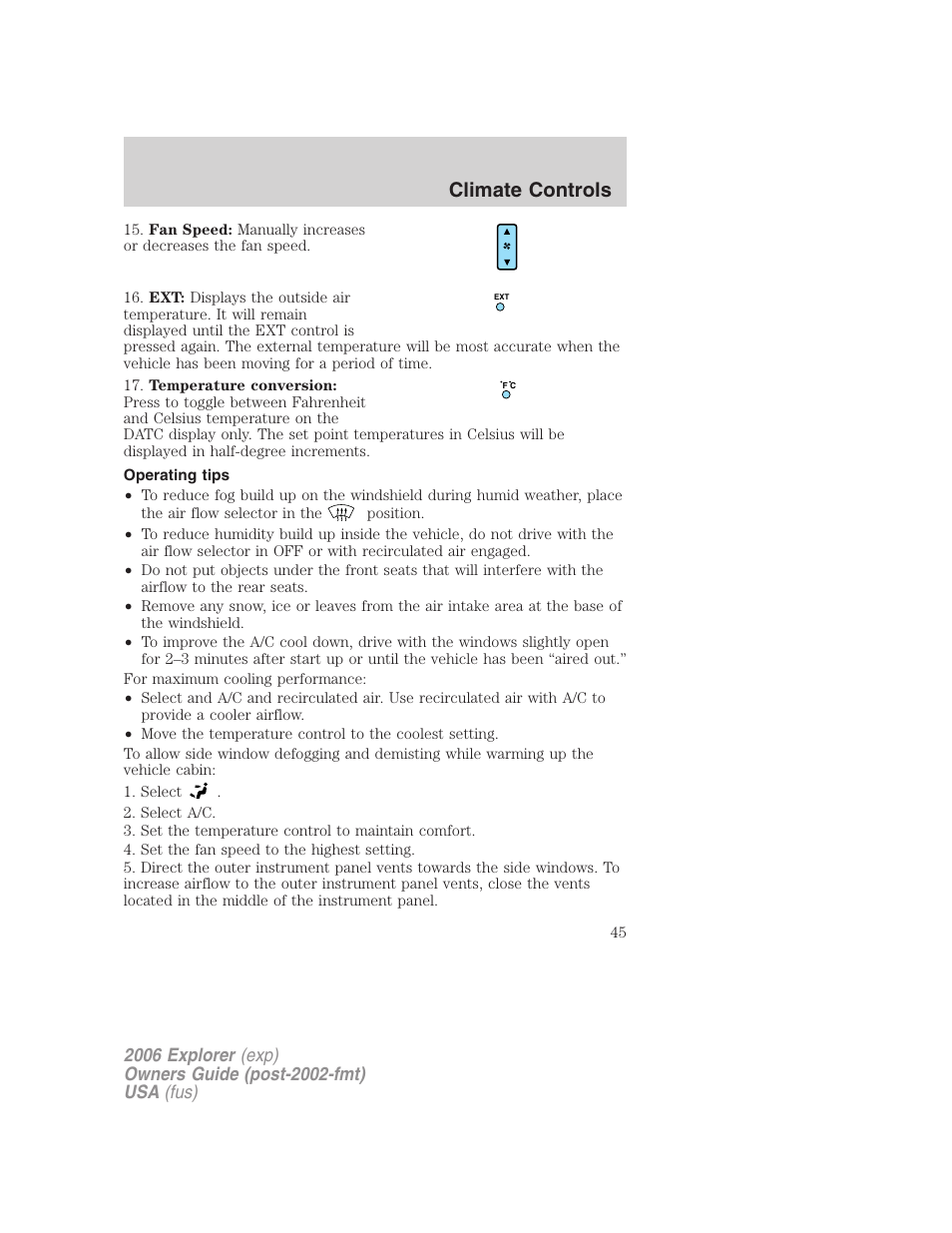 Operating tips, Climate controls | FORD 2006 Explorer v.2 User Manual | Page 45 / 336