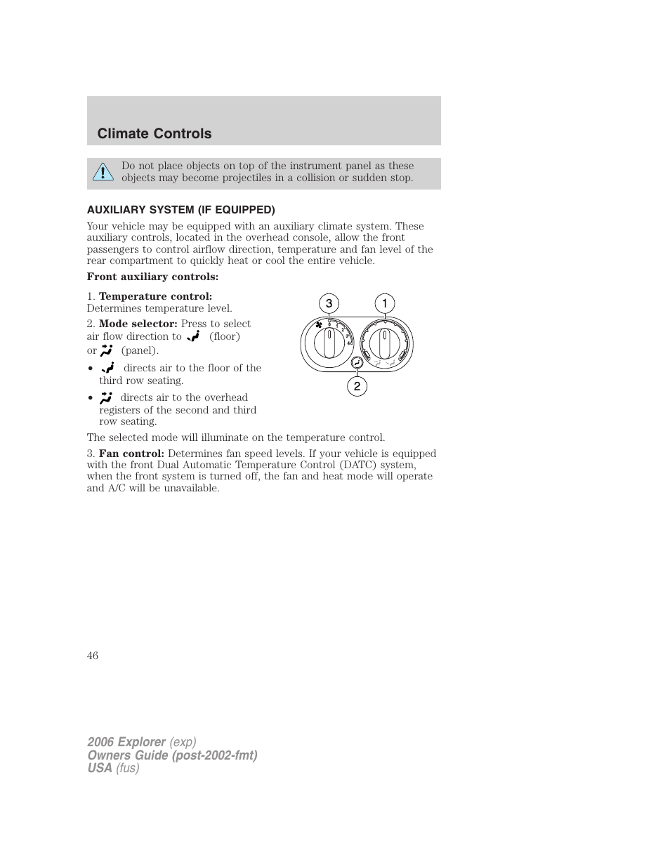 Auxiliary system (if equipped), Auxiliary passenger climate control, Climate controls | FORD 2006 Explorer v.2 User Manual | Page 46 / 336