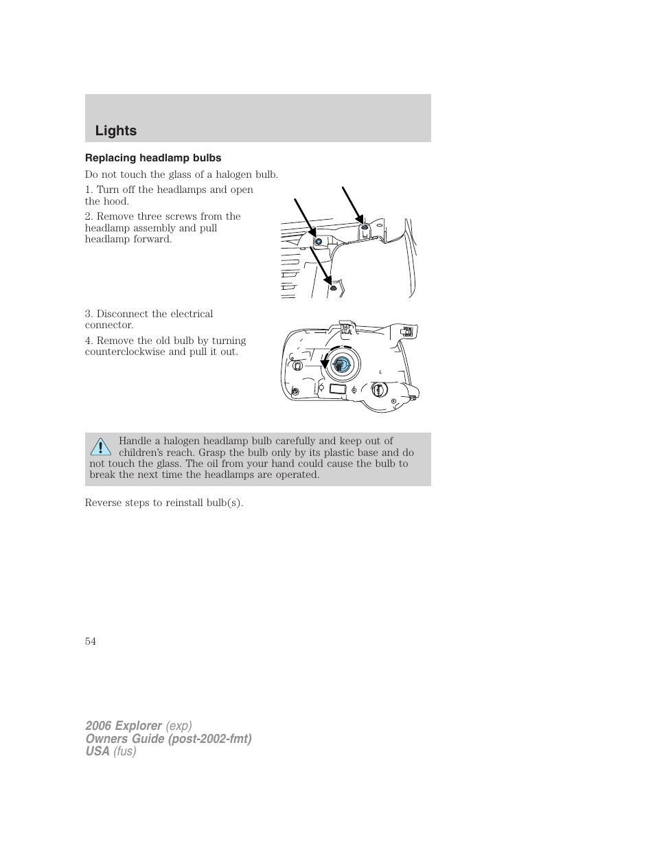 Replacing headlamp bulbs, Lights | FORD 2006 Explorer v.2 User Manual | Page 54 / 336