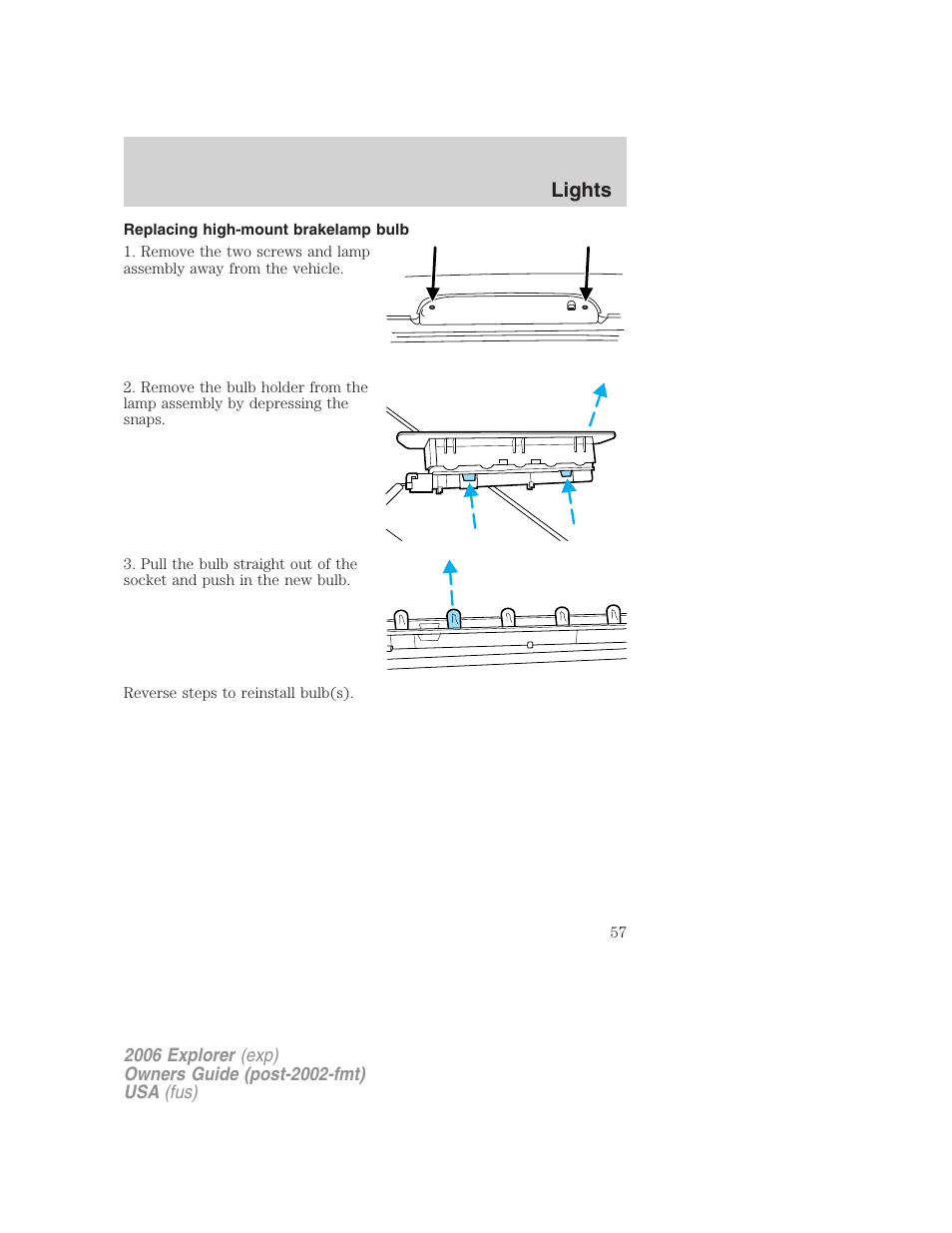 Replacing high-mount brakelamp bulb, Lights | FORD 2006 Explorer v.2 User Manual | Page 57 / 336