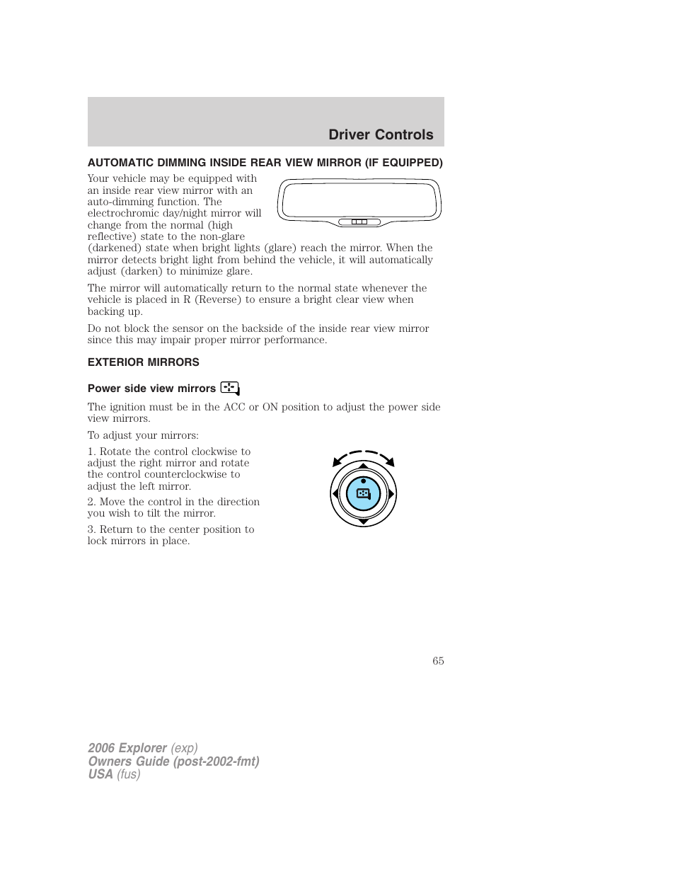 Exterior mirrors, Power side view mirrors, Mirrors | Driver controls | FORD 2006 Explorer v.2 User Manual | Page 65 / 336