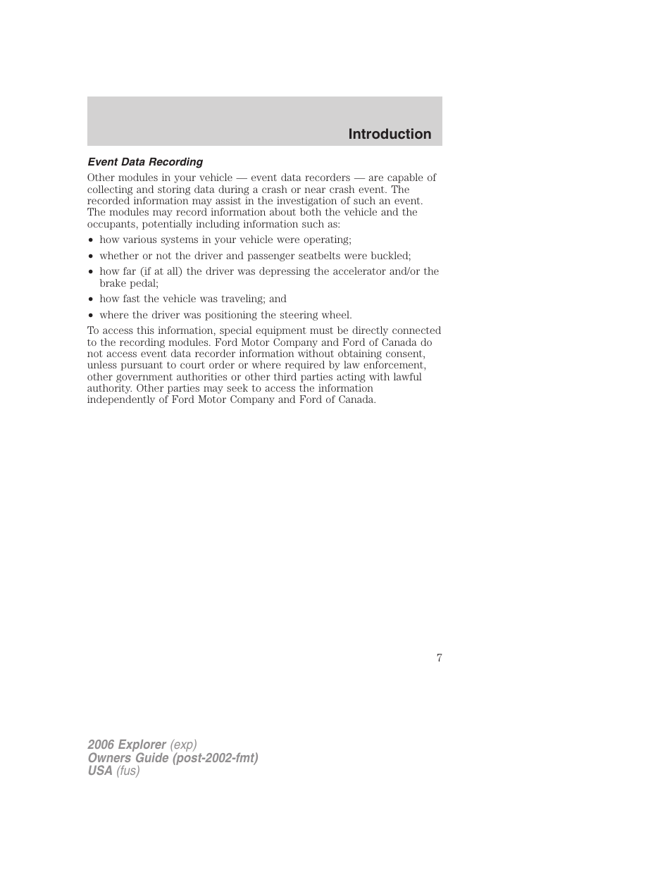 Event data recording, Introduction | FORD 2006 Explorer v.2 User Manual | Page 7 / 336