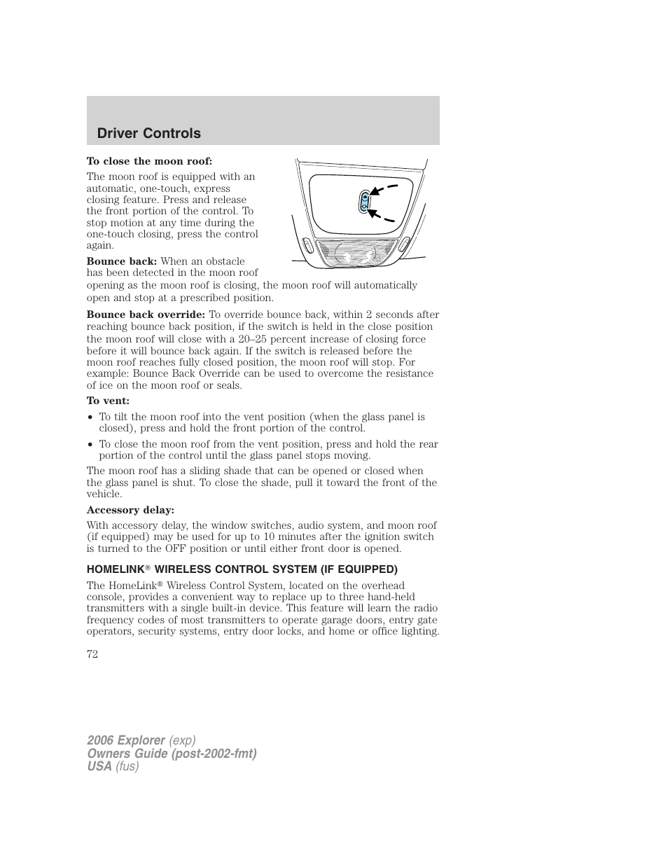 Homelink wireless control system (if equipped), Driver controls | FORD 2006 Explorer v.2 User Manual | Page 72 / 336