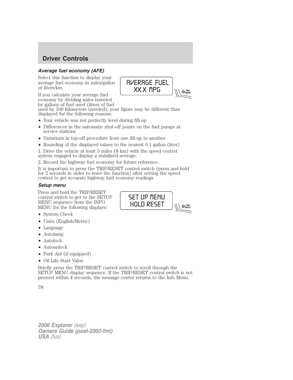 Average fuel economy (afe), Setup menu, Driver controls | FORD 2006 Explorer v.2 User Manual | Page 78 / 336