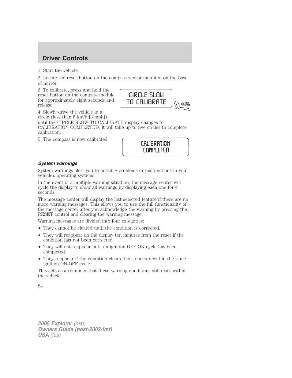 System warnings, Driver controls | FORD 2006 Explorer v.2 User Manual | Page 84 / 336