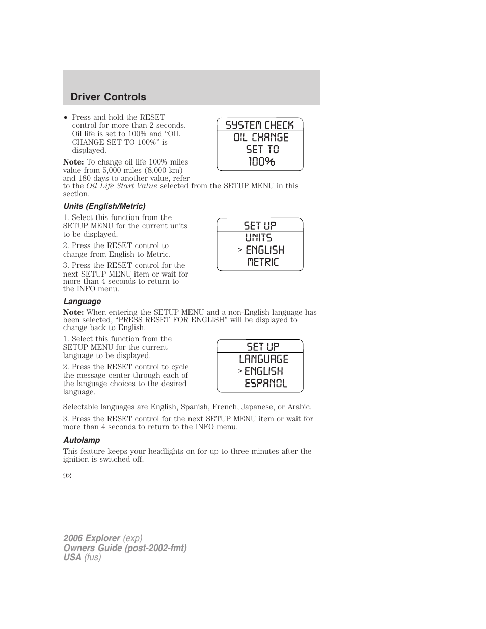 Units (english/metric), Language, Autolamp | Driver controls | FORD 2006 Explorer v.2 User Manual | Page 92 / 336