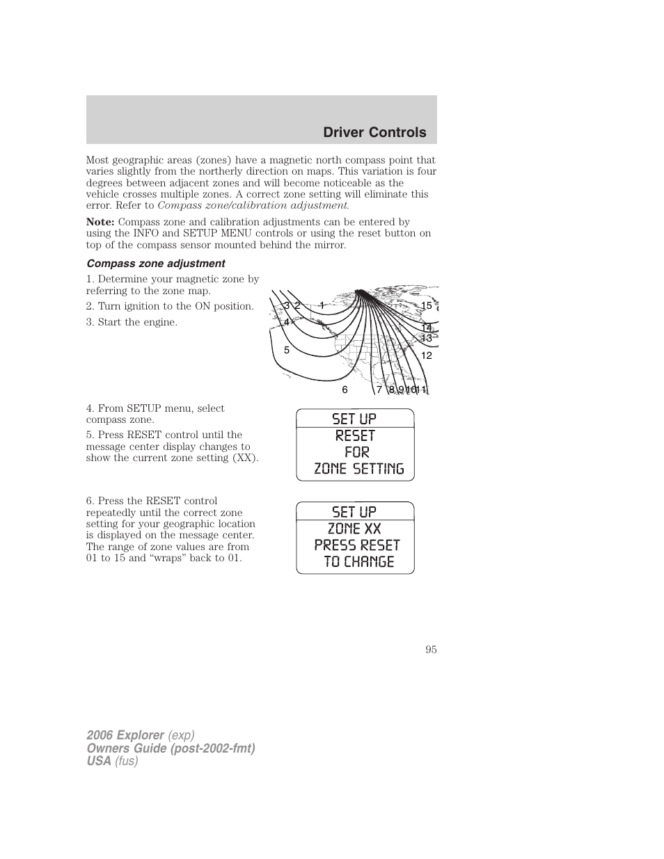 Compass zone adjustment, Driver controls | FORD 2006 Explorer v.2 User Manual | Page 95 / 336