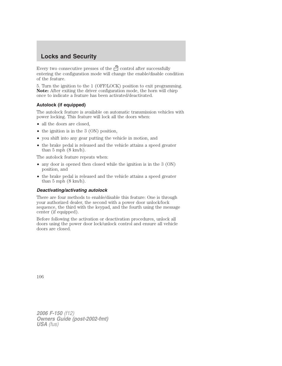 Autolock (if equipped), Deactivating/activating autolock, Locks and security | FORD 2006 F-150 v.2 User Manual | Page 106 / 336