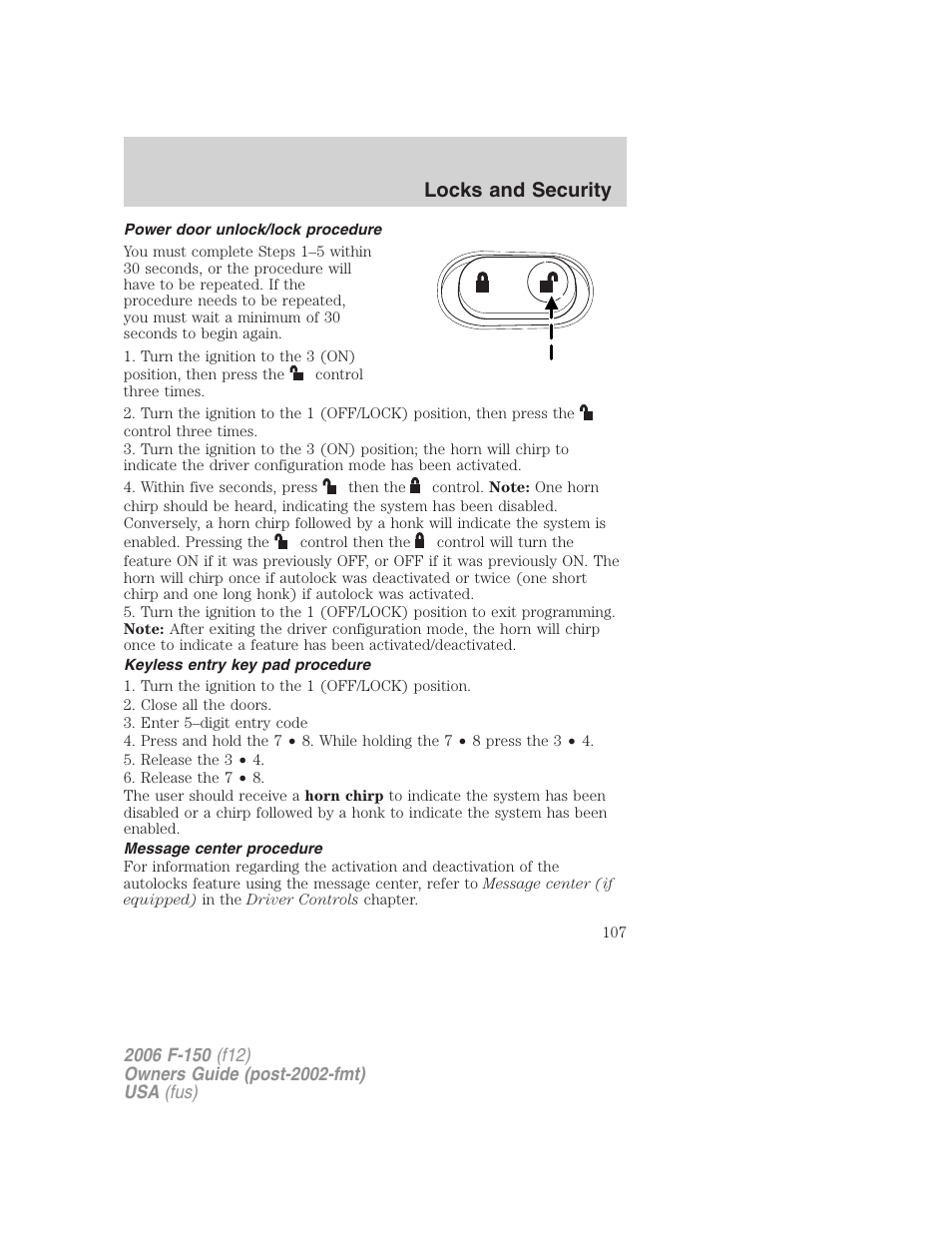 Power door unlock/lock procedure, Keyless entry key pad procedure, Message center procedure | Locks and security | FORD 2006 F-150 v.2 User Manual | Page 107 / 336