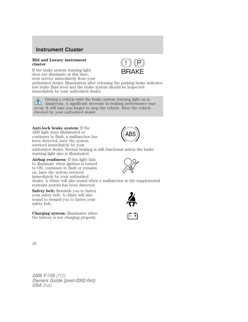 P! brake abs | FORD 2006 F-150 v.2 User Manual | Page 16 / 336