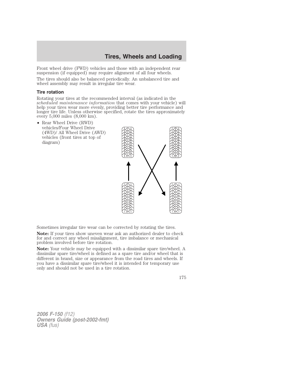 Tire rotation, Tires, wheels and loading | FORD 2006 F-150 v.2 User Manual | Page 175 / 336