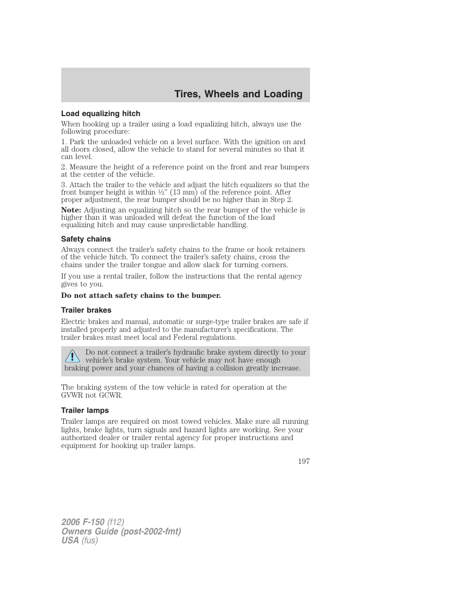 Load equalizing hitch, Safety chains, Trailer brakes | Trailer lamps, Tires, wheels and loading | FORD 2006 F-150 v.2 User Manual | Page 197 / 336